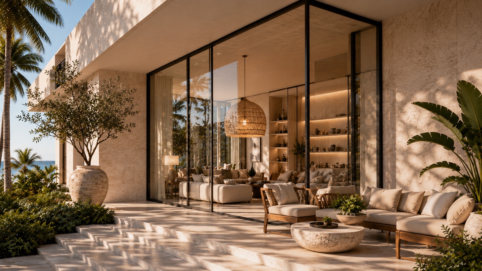 Resort boutique storefront framed by palms